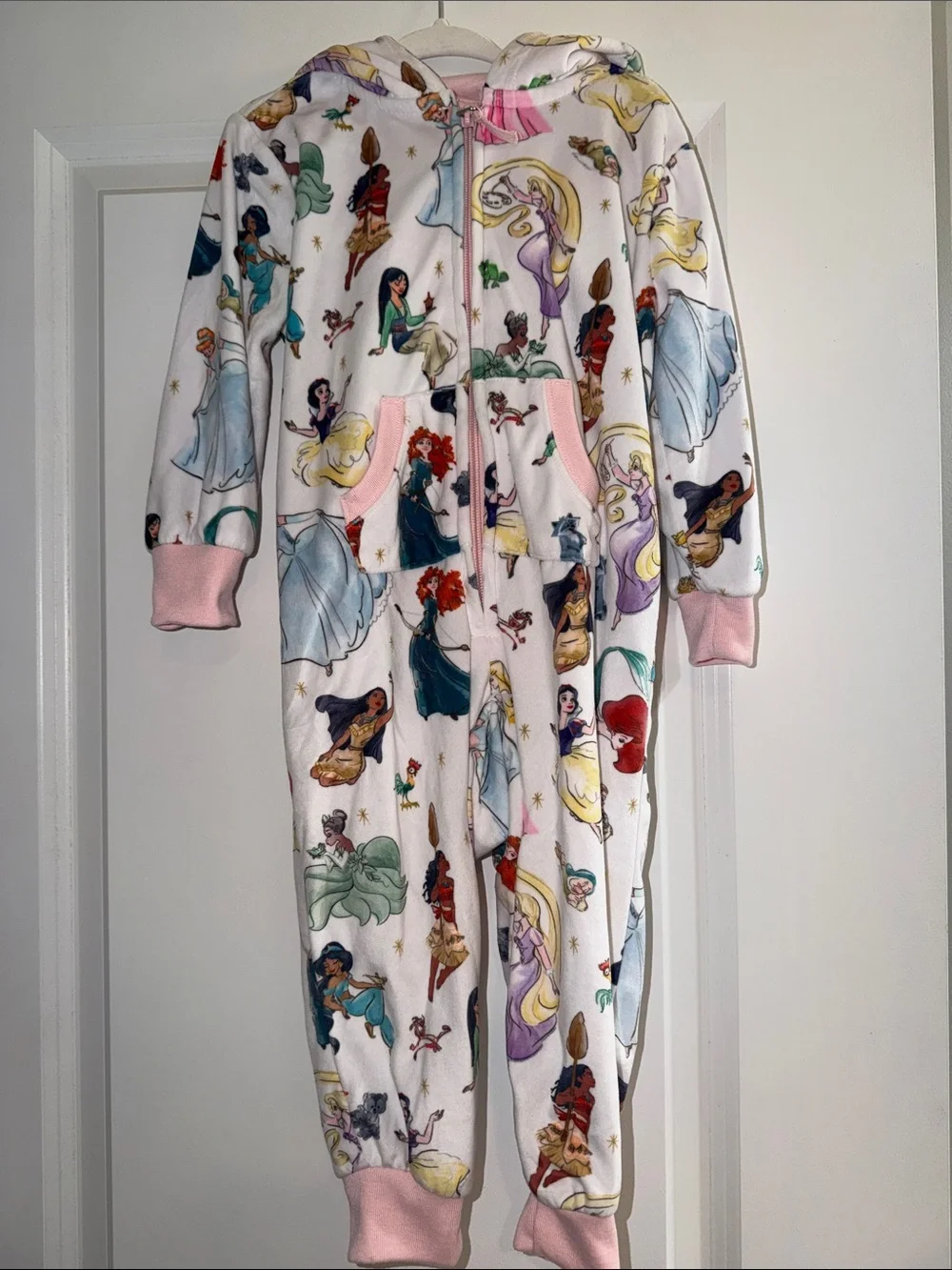 Disney Girls' Princess Hooded One-Piece Zip Fleece PJs